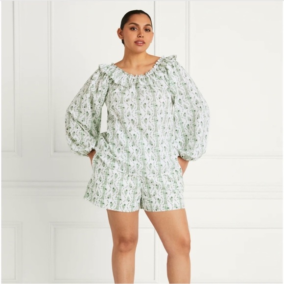 Hill House Lena Top Green Vine Small ruffle off shoulder cotton blouse - Picture 4 of 9